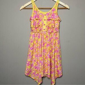 Jona Michelle Floral Ruffle Sundress Size 7 Pink Yellow Handkerchief Hem Spring